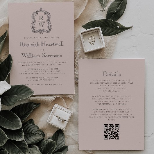 Invitation Mariage Code QR Crête Monogramme Rose Fardée