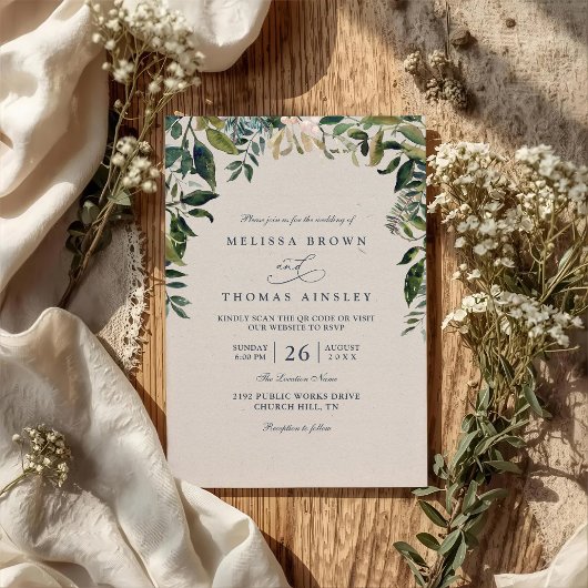 Invitation Mariage Code QR d'arche de feuillage aquarelle ver