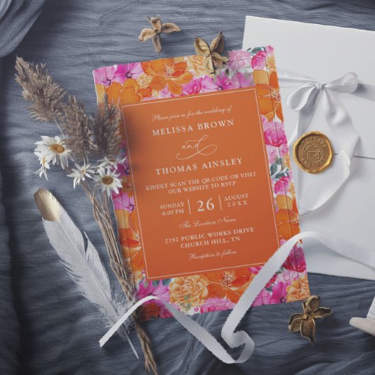 Invitation Mariage code QR de budget de jardin rose et orange