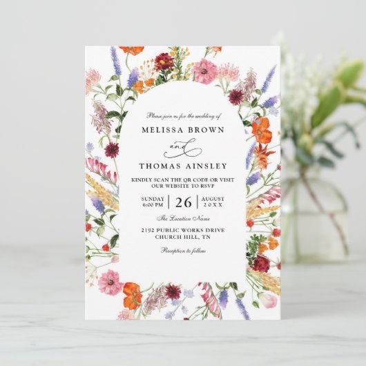Invitation Mariage code QR de fleurs sauvages aquarelles auda (Debout devant)