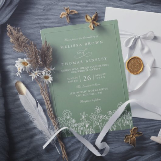 Invitation Mariage code QR de fleurs sauvages boho vert sauge