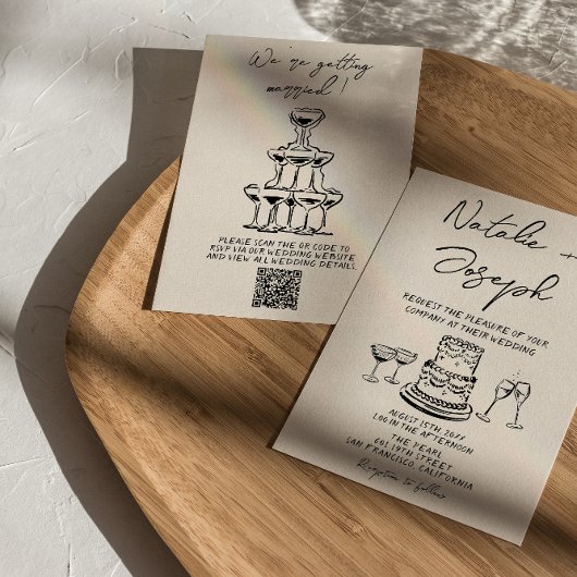 Invitation Mariage Code QR de Gâteau Écrit à la Main Rétro
