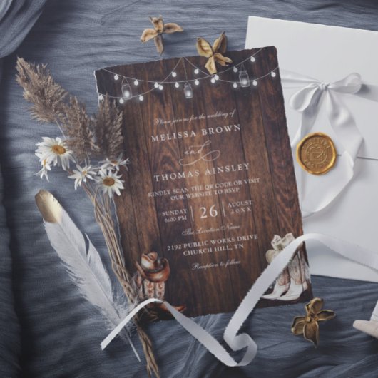 Invitation Mariage code QR de grange de campagne western rust