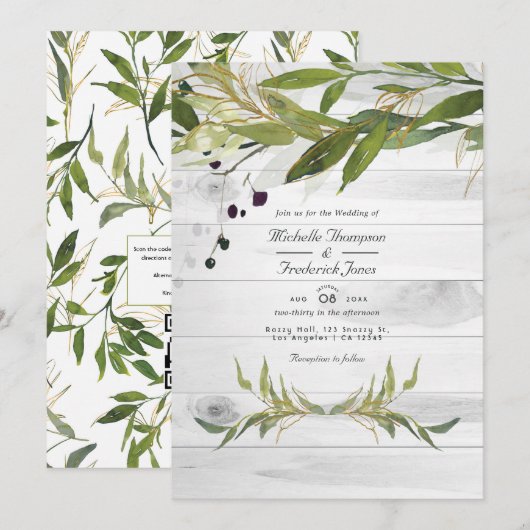 Invitation Mariage Code QR de la campagne de verdure aquarell (Devant / Derrière)