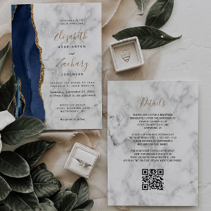 Invitation Mariage Code QR de Marbre Agate Or Bleu Marine