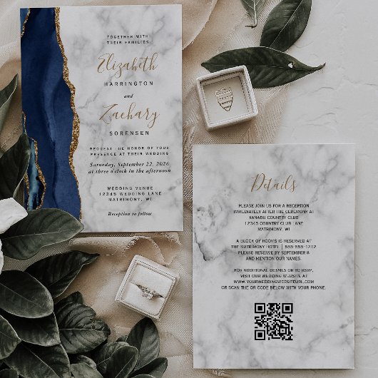 Invitation Mariage Code QR de Marbre Agate Or Bleu Marine