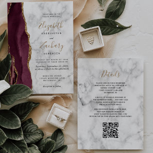 Invitation Mariage Code QR de Marbre Agate Or Bourgogne