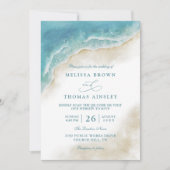 Invitation Mariage Code QR de plage côtière océan aquarelle (Devant)