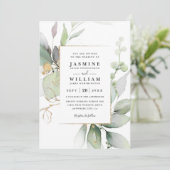 Invitation Mariage Code QR de verdure dorée Eucalyptus Glow (Debout devant)