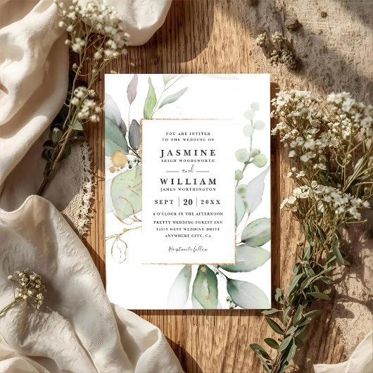 Invitation Mariage Code QR de verdure dorée Eucalyptus Glow