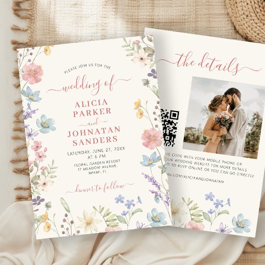 Invitation Mariage code QR écriture élégante bohème fleur sau