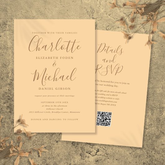 Invitation Mariage Code QR Écriture Élégante Champagne