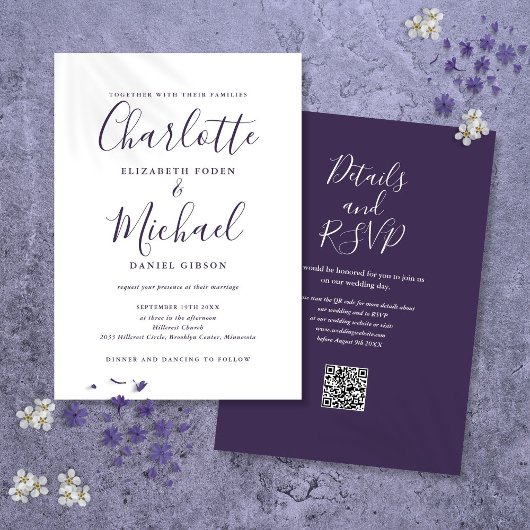 Invitation Mariage code QR écriture moderne violet
