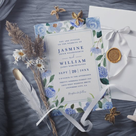 Invitation Mariage code QR élégant aquarelle florale bleue