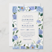 Invitation Mariage code QR élégant aquarelle florale bleue (Devant)