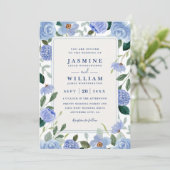 Invitation Mariage code QR élégant aquarelle florale bleue (Debout devant)
