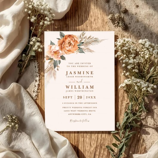 Invitation Mariage code QR élégant et rustique Bouquet bohème