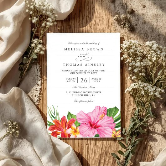 Invitation Mariage Code QR Élégant Fleurs d'Hibiscus Tropical