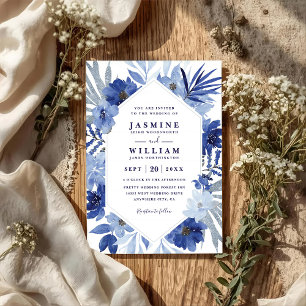 Invitation Mariage Code QR Élégant Floral Bouquet Bleu Boho