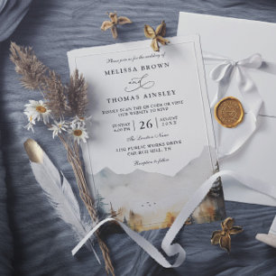 Invitation Mariage Code QR Élégant Montagne Aquarelle Moderne