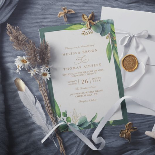 Invitation Mariage Code QR Élégant Rustique avec Verdure d'Eu