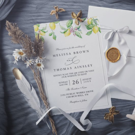 Invitation Mariage Code QR Élégant Rustique Citrons & Fleurs