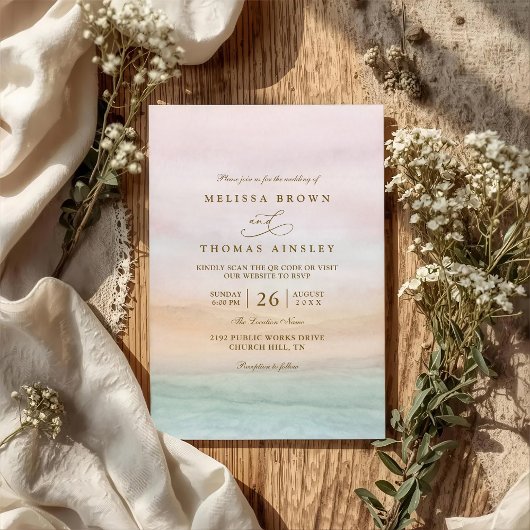 Invitation Mariage Code QR Élégant Rustique Coucher de Soleil