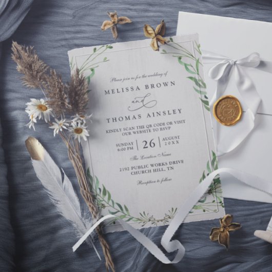 Invitation Mariage Code QR Élégant Rustique de Verdure Nature