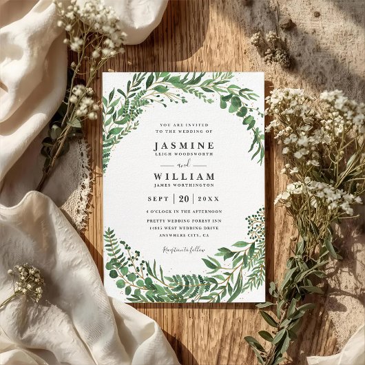 Invitation Mariage Code QR Élégant Rustique Feuilles de Verdu