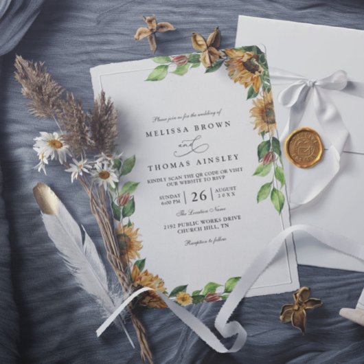 Invitation Mariage Code QR Élégant Rustique Tournesol Boho