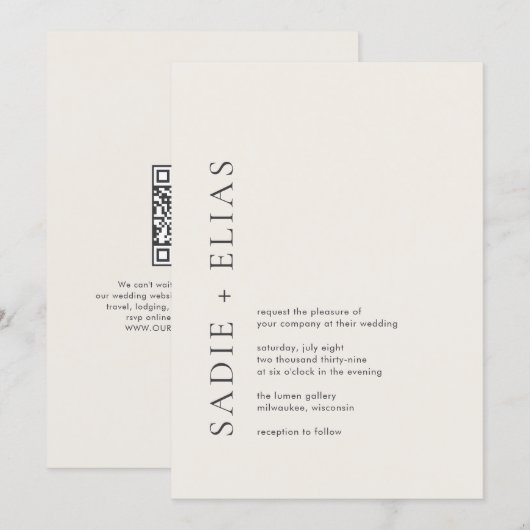 Invitation Mariage Code QR Élégant Typographie Moderne Beige (Devant / Derrière)
