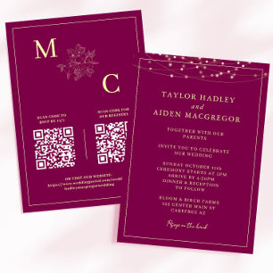 Invitation Mariage Code QR Élégant Vin Rouge