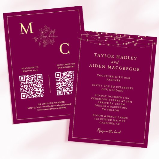 Invitation Mariage Code QR Élégant Vin Rouge