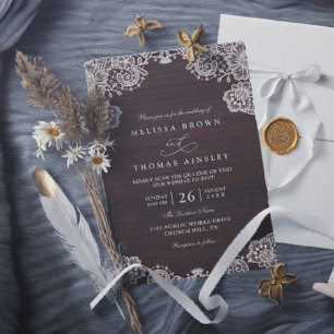 Invitation Mariage Code QR Élégant Vintage Bois Rustique Dent
