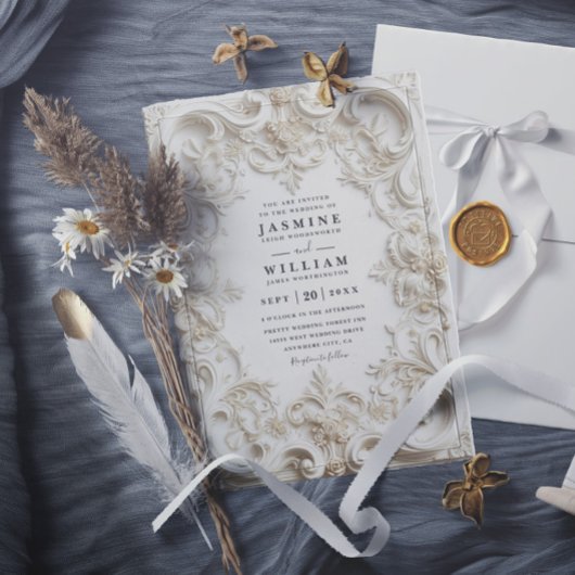 Invitation Mariage Code QR Élégant Vintage Embossé Baroque
