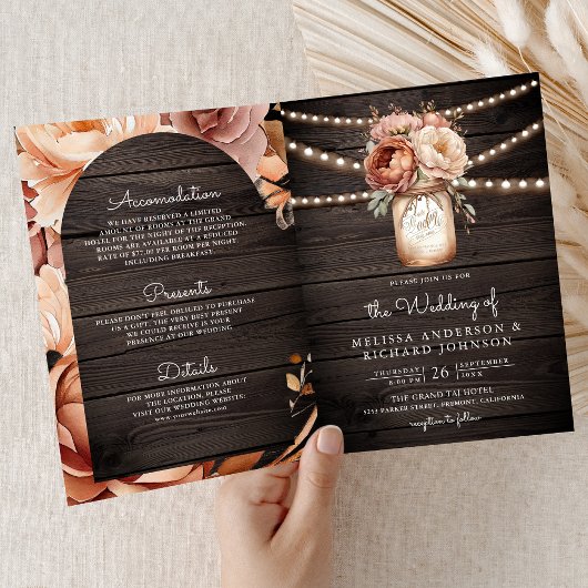 Invitation Mariage Code QR en Bois Pot Mason Floral en Terrac