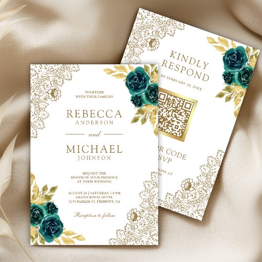 Invitation Mariage Code QR en Dentelle de Blanc et Vert Emera