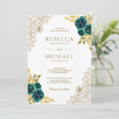 Invitation Mariage Code QR en Dentelle de Blanc et Vert Emera (Debout devant)