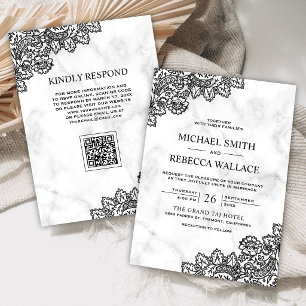Invitation Mariage code QR en marbre blanc et dentelle noire