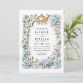Invitation Mariage code QR en relief Hydrangeas bleu poussiér (Debout devant)