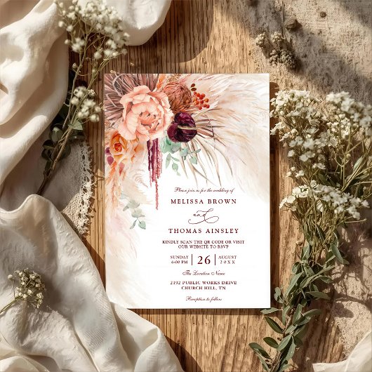 Invitation Mariage Code QR en Terracotta Fleur de Herbe des P