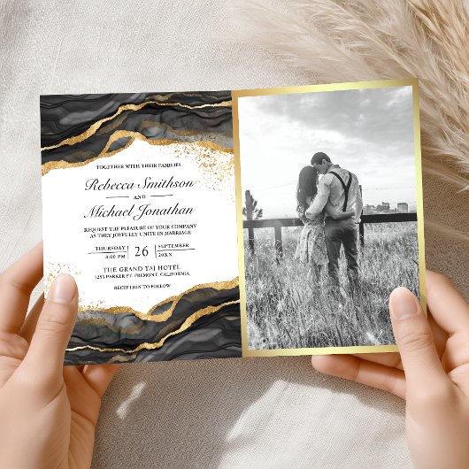 Invitation Mariage Code QR Encre Abstraite Or Noir