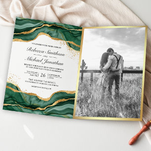Invitation Mariage Code QR Encre Abstraite Or Vert Emeraude