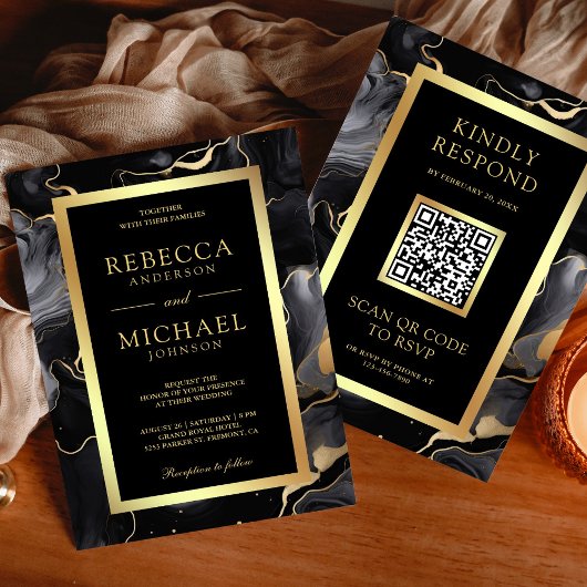 Invitation Mariage Code QR Encre Fluide Or Noir
