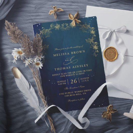 Invitation Mariage Code QR Envoûtant Bleu Marine et Vert