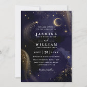 Invitation Mariage code QR étoiles lune bleu minuit céleste (Devant)