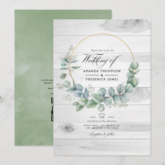 Invitation Mariage Code QR Eucalyptus Campagnard de Grange Ru (Devant / Derrière)
