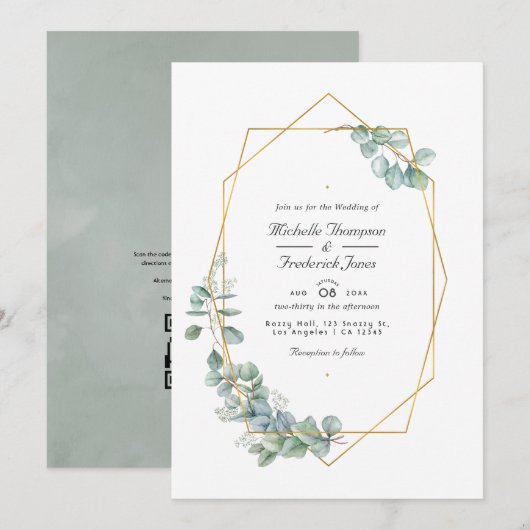 Invitation Mariage Code QR Eucalyptus Géométrique Silver Sage (Devant / Derrière)