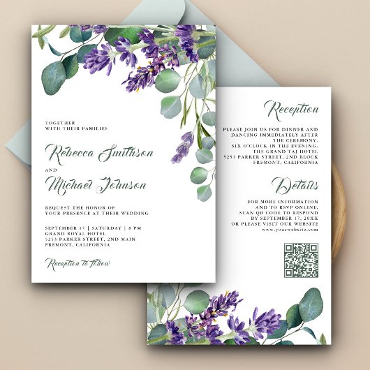 Invitation Mariage Code QR Eucalyptus Lavande Rustique