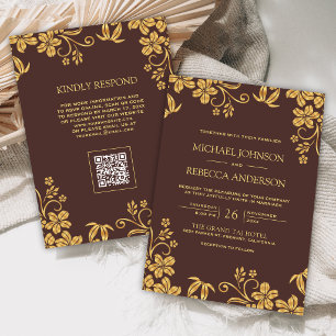 Invitation Mariage Code QR Feuilles Florales Marron Or Espres